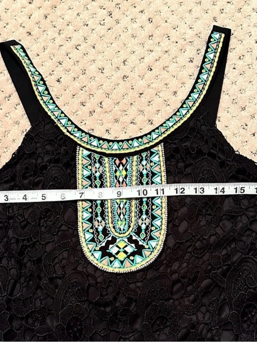 Lulumari Black Crochet Crop Top with Multicolor Embroidered Yoke